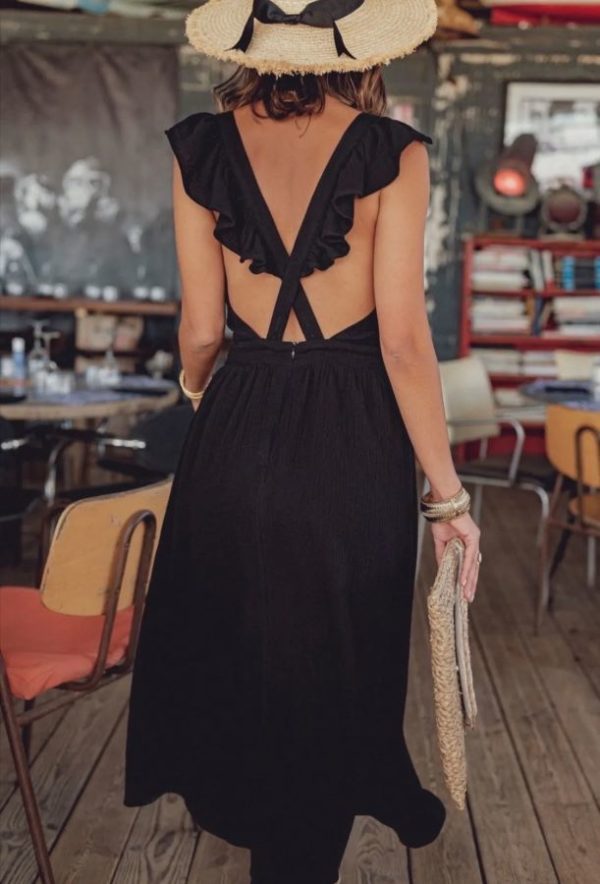 Robe Louane noire en gaze de coton croisé dans le dos