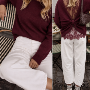 Pull Gina bordeaux avec noeud et dentelle au dos
