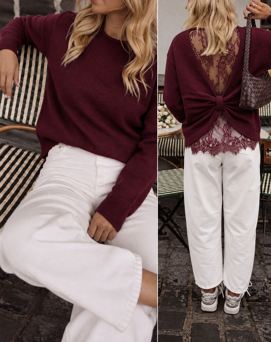 Pull Gina bordeaux avec noeud et dentelle au dos