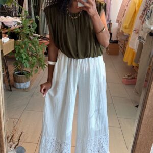 Pantalon Kiara Blanc large dentelle au bas