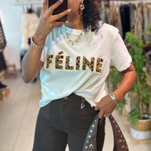 T-Shirt Blanc inscription Féline