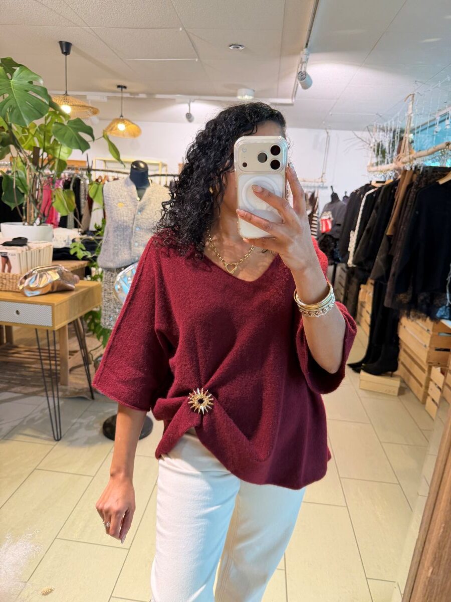 Pull Anna Col V bordeaux avec broches dorée