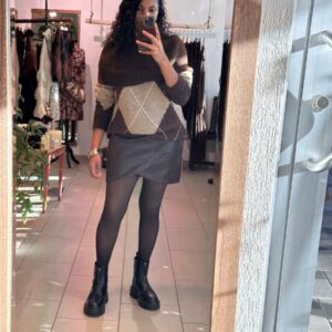 Pull Inès col bateau losange  chocolat et beige