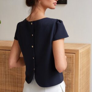 Top Camille marine bouton au dos