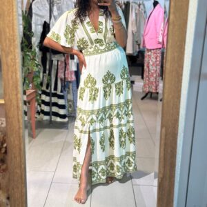 Robe Iya longues motifs écru et kaki