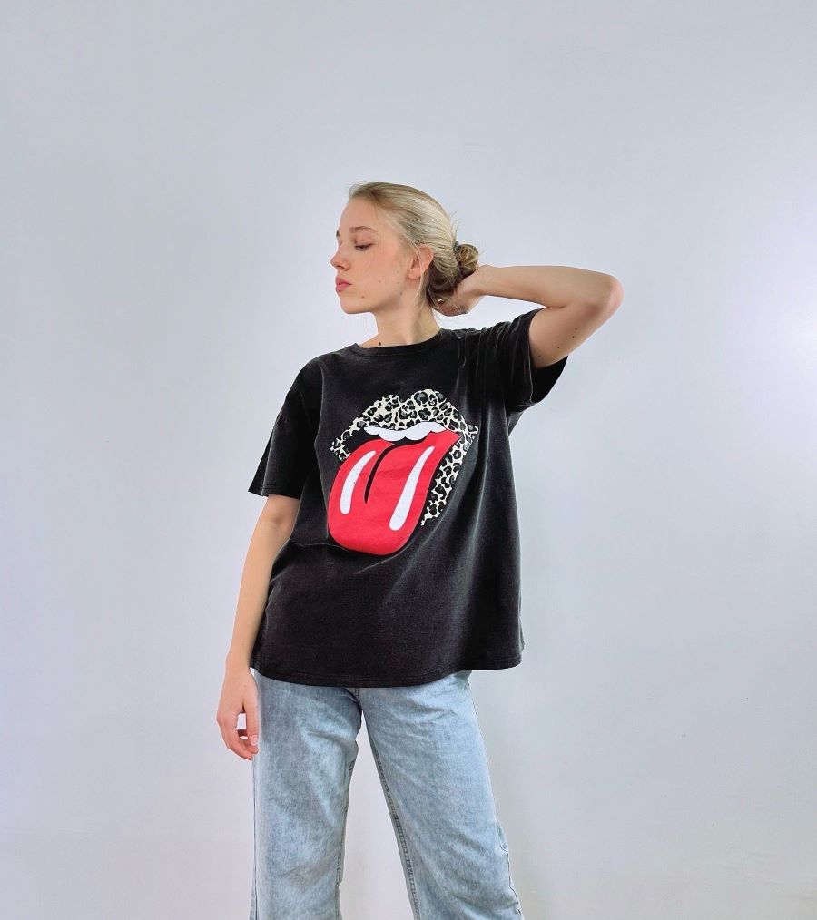 T-shirt bouche léopard gris delavé T-shirt bouche léopard gris delavé