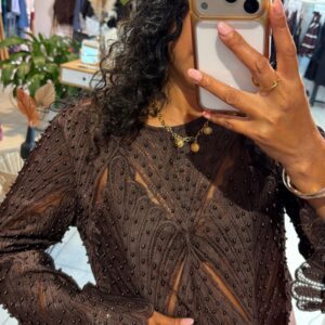 Top Lorine choco en dentelle et perles