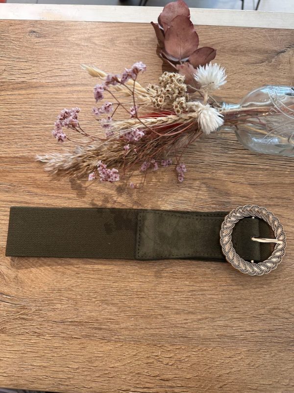 Ceinture kaki élastique à boucle dorée ronde