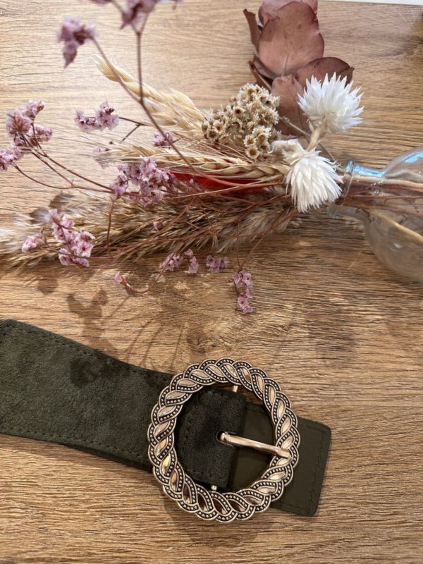 Ceinture kaki élastique à boucle dorée ronde – Image 2