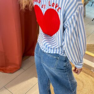 Chemise Sabia à rayure bleu coeur rouge brodée