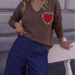 Pull Choco col V imprimé coeur Que du bonheur