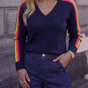 Pull marine en maille col V Bandes multicolores