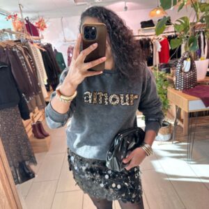Sweat gris Amour Brodée léopard
